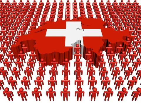 Swiss map flag surrounded by many abstract people illustration Stock Illustration