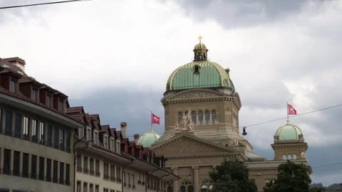 Swiss Parliament with dramatic cloudy sky, cinematic establisher Video stock 283496095