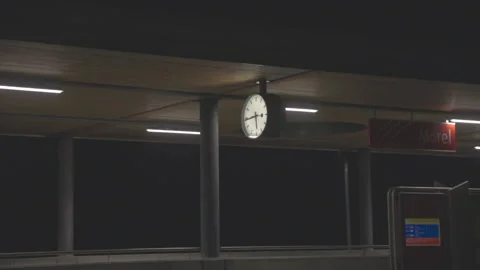 Swiss Train Station Clock, Empty Railway Station Quay By Night in Stock Footage 267074368