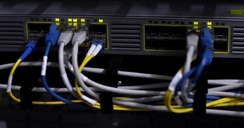 Switch And Optic Cable Connected To Network Panel With Blinking Leds Stock-Footage 117630893