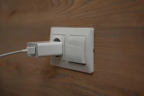 A switch and a socket with a phone charger are fixed on the wooden wall Stock Photos