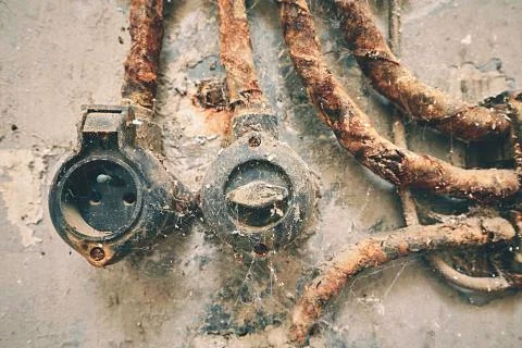 On-off switch button with rusty cables on the wall Stock Photos
