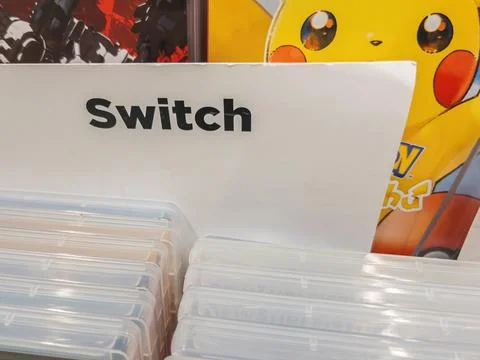 Switch Game Collection Display with Pikachu Theme Stock Photos