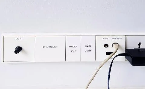 Switch with light switch, internet connection, audio, HDMI and AC outlet plug Stock Photos