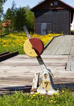 Switch part for train tracks in red and yellow Stock Photos