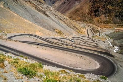 Switchbacks in chilean Andes Twisting and turning switchback road through ... Stock Photos