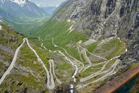 Switchbacks of the narrow mountain road at the Trollstigen Stock Photos