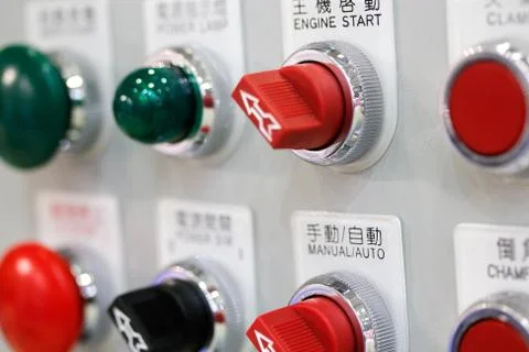 Switches and buttons on control panel Stock Photos