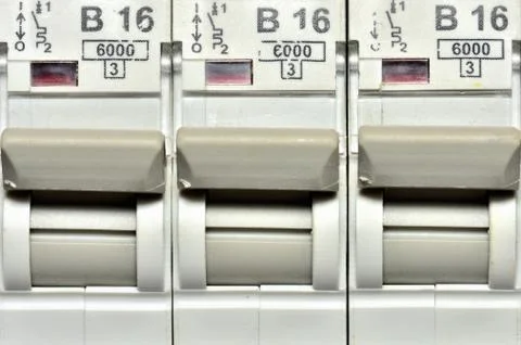 Switches of modern circuit breakers designed for socket circuit to 16 amps max. Stock Photos