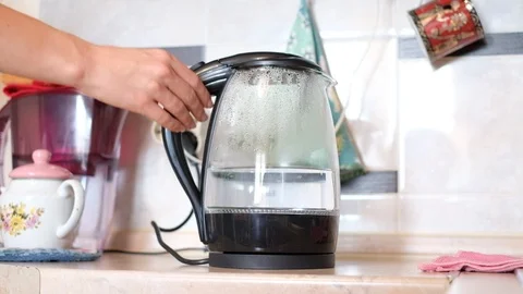 Switching the button of an electric glass kettle with a female hand Stock Footage 88028858