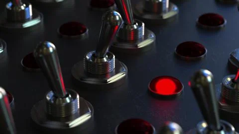 Switching toggle switch on a control panel, red light turns on. 3D rendering Illustration