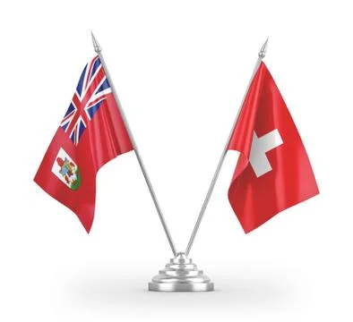 Switzerland and Bermuda table flags isolated on white 3D rendering Stock Illustration