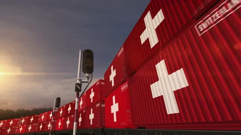 Switzerland export containers on cargo train wagons loop Stock Footage 332766369