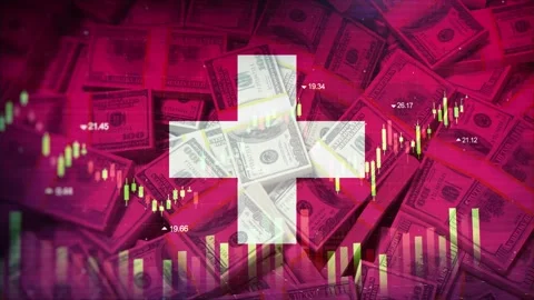 Switzerland Flag on Economic Background With Decrease Bar Chart Graph And Ar Stockbeeldmateriaal 320893313