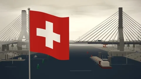 Switzerland Flag Flying Over Cable Stayed Bridge River seamless loop Stock Footage 345373444