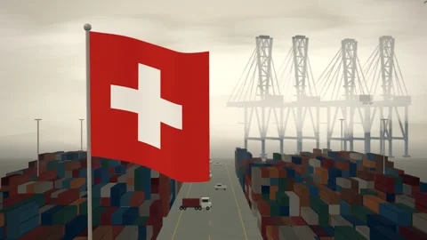 Switzerland Flag Flying Over A Container Port Terminal In Morning Haze Stock-Footage 344408434