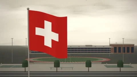 Switzerland Flag Flying Over School Campus Running Track seamless loop Stock Footage 345381634
