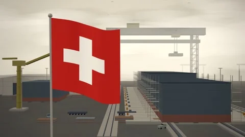Switzerland Flag Flying Over Shipyard Building Berth Gantry seamless loop Vídeos de archivo 344846789