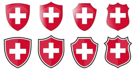 Switzerland flag in shield shape, four 3d and simple versions. Swiss icon / s Ilustración de archivo