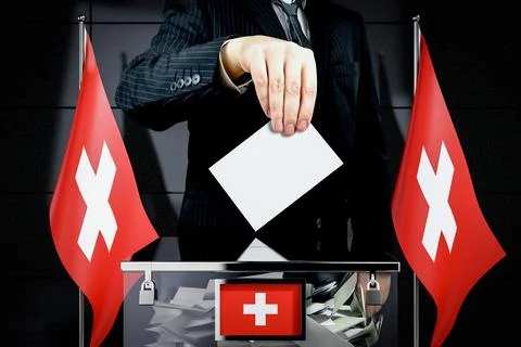 Switzerland flags, hand dropping voting card - election concept Stock-Illustration