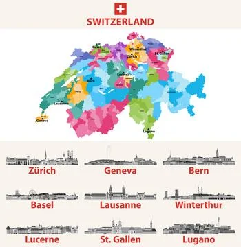 Switzerland map with main cities on it. Swiss cities skylines illustrations Illustrazione stock