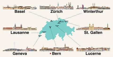 Switzerland map with main cities skylines. Vector illustration Stock Illustration