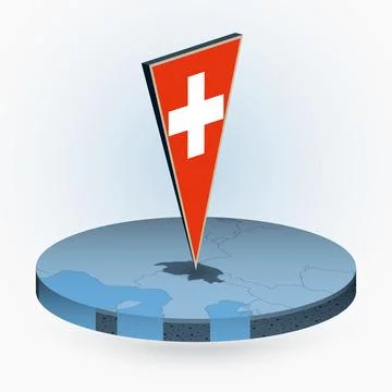 Switzerland map in round isometric style with triangular 3D flag of Switzerla Stock Illustration