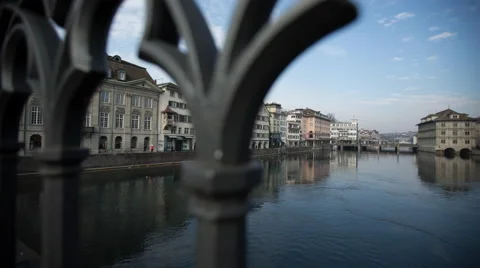 Switzerland River View of Buildings : Push-In Time Lapse Stock Footage 64540102