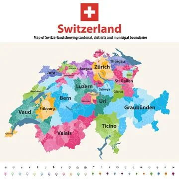 Switzerland vector map showing cantonal, districts and municipal boundaries Illustrazione stock