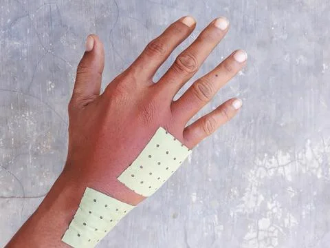 Swollen back of the palm due to dislocated of the bones 스톡 사진