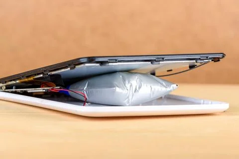 Swollen battery inside damaged tablet on wooden surface. Stock Photos
