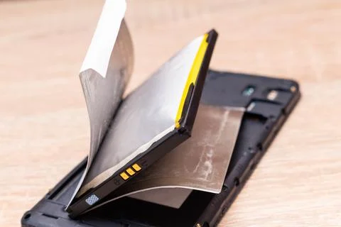 Swollen ready to catch fire or explode a broken battery on the phone Stock Photos