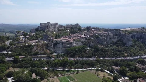 Swooping drone shot across Les Baux-de-Provence in southern France Stock Footage 344006668