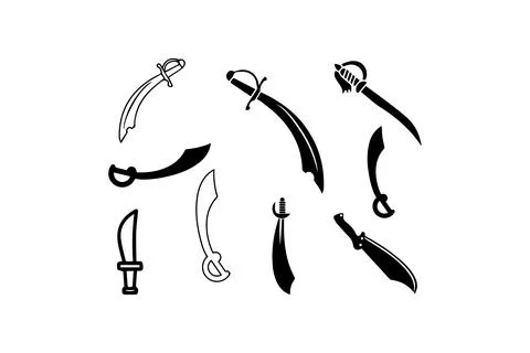 Sword and scimitar icon set with curved blade designs. Vector illustration .. Stock Illustration