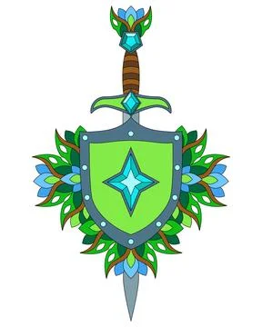 A sword and shield decorated with precious stones and plants, elven weapons Stock Illustration