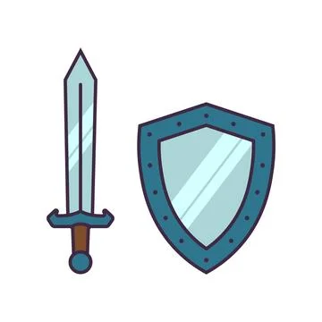 Sword and shield icon design in line fill style. Stock Illustration