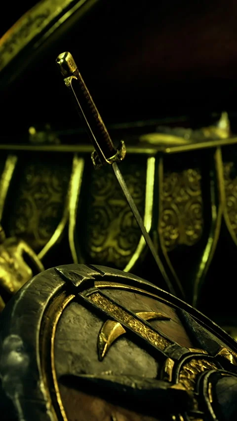 Sword and shield rest on a table at a historical setting in a dimly lit room Stock Footage 334725200