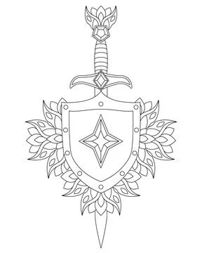 Sword and Shield with a star decorated with plant elements - vector linear Stock Illustration