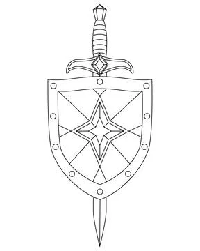 Sword and Shield with Star - vector line art image of weapons for coloring Illustrazione stock