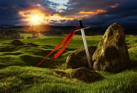 Sword in the dramatic sunny landscape. Stock Illustration