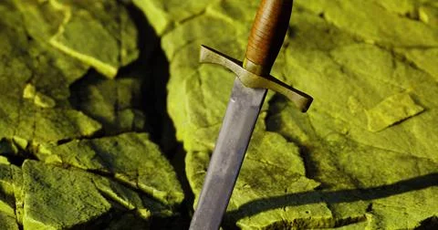 Sword embedded in cracked green stone with a textured surface Stock Illustration