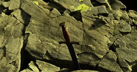 Sword embedded in rocky surface with moss and lichen growth Stock Illustration