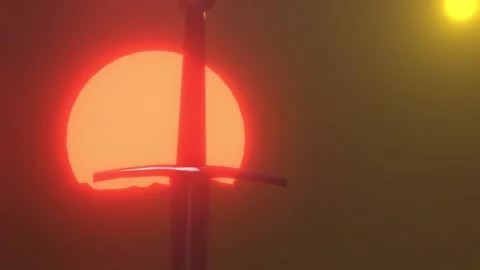 Sword Excalibur in red sunset, placed in a stone within a green grass field Stock Footage 246785170