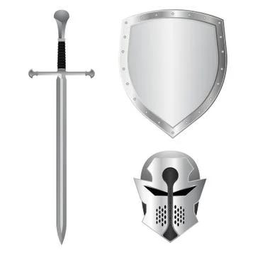 Sword, helmet and shield set. Vector illustration isolated Stock Illustration