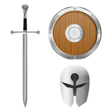 Sword, helmet and shield set. Vector illustration isolated on white backgroun Stock Illustration