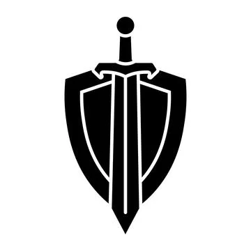 Sword on shield icon design in flat style. Stock Illustration