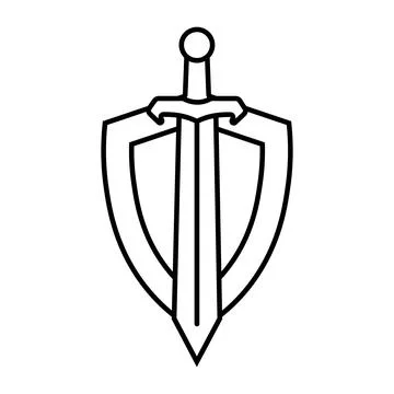 Sword on shield icon design in linear style. Stock Illustration
