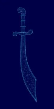 Sword is shown in a blue background. The sword is long and has a blue handle Illustration