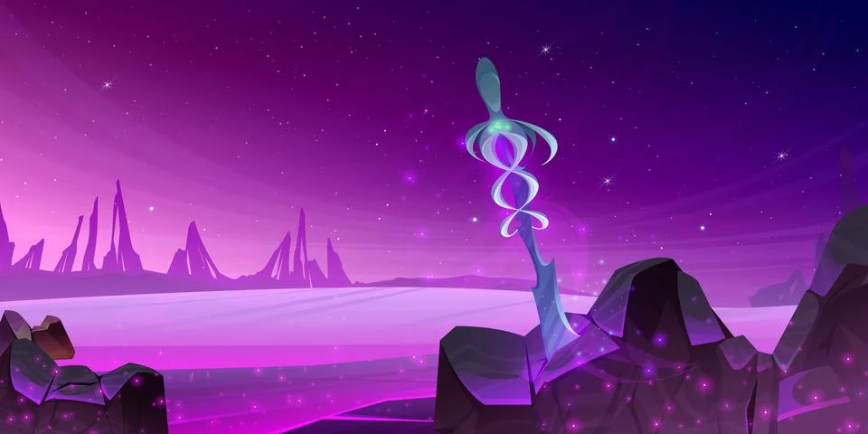 Sword in stone on alien planet surface, background Illustrazione stock