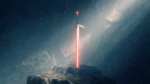 Sword in the stone with light rays and dust specs in a dark cave Illustrazione stock